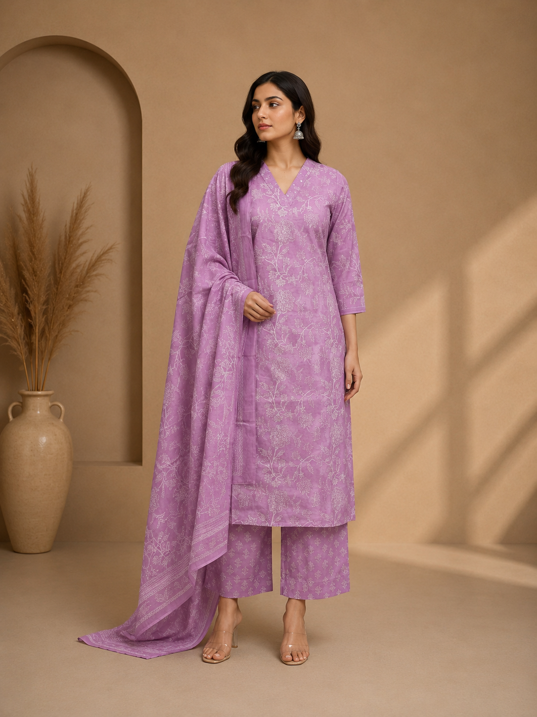 Lavender Floral Printed Cotton Kurta Set with Dupatta